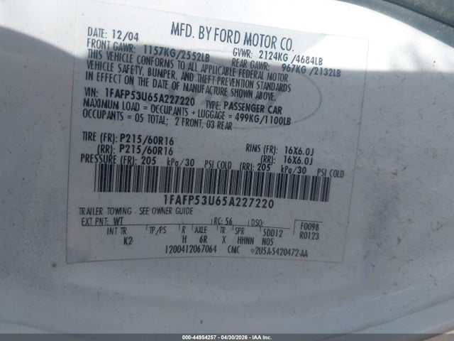 2005 Ford Taurus Se მანქანა იყიდება აუქციონზე, vin: 1FAFP53U65A227220, აუქციონის ნომერი: 44954257