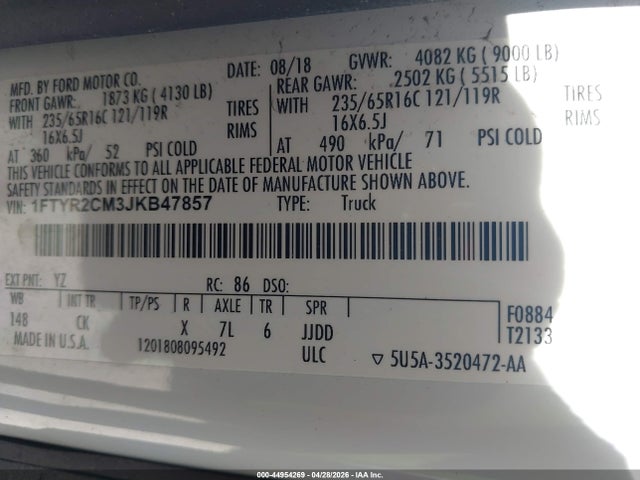 2018 Ford Transit-250 მანქანა იყიდება აუქციონზე, vin: 1FTYR2CM3JKB47857, აუქციონის ნომერი: 44954269