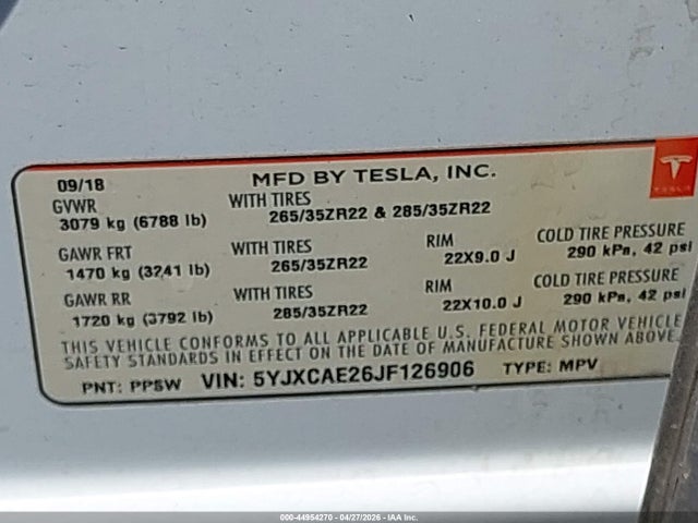 Aukcja sprzedaży 2018 Tesla Model X 100d/75d/p100d, vin: 5YJXCAE26JF126906, numer aukcji: 44954270