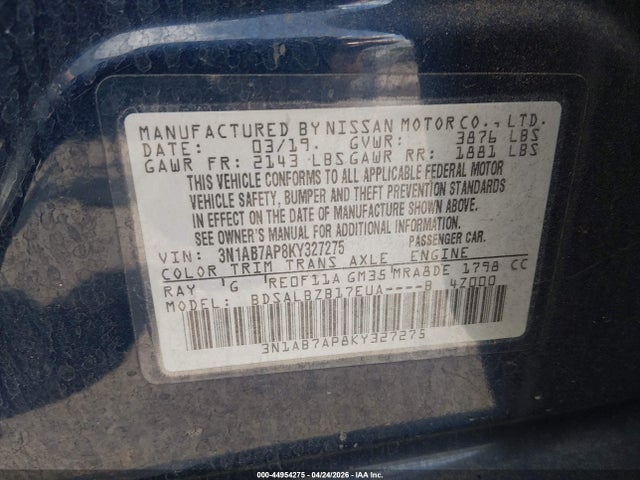 Продаж на аукціоні авто 2019 Nissan Sentra S, vin: 3N1AB7AP8KY327275, номер лоту: 44954275