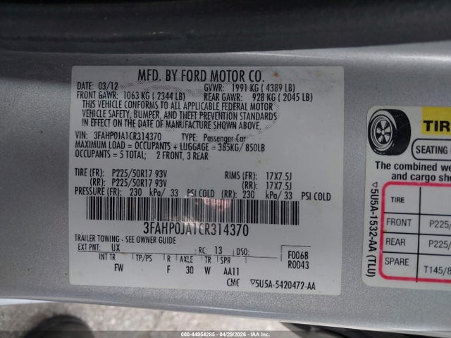 Aukcja sprzedaży 2012 Ford Fusion Sel, vin: 3FAHP0JA1CR314370, numer aukcji: 44954285