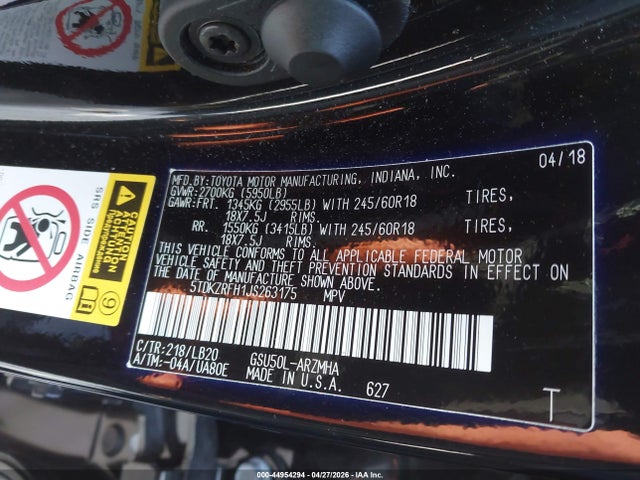 5TDKZRFH1JS263175 Toyota Highlander Xle