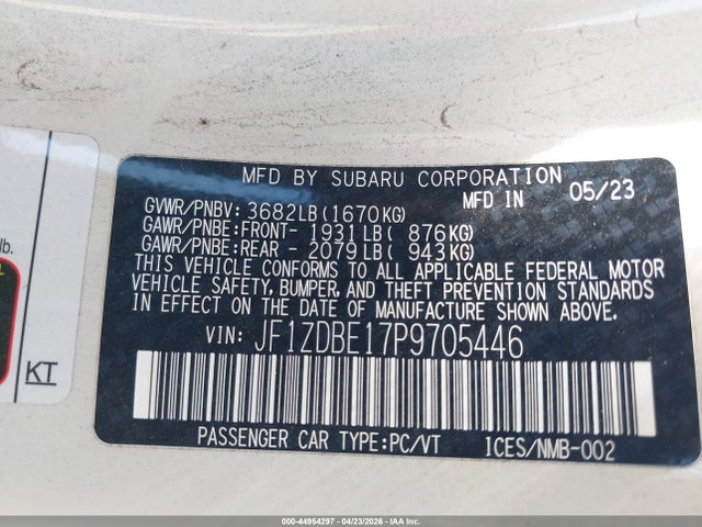 44954297 :رقم المزاد ، JF1ZDBE17P9705446 vin ، 2023 Subaru Brz Limited مزاد بيع