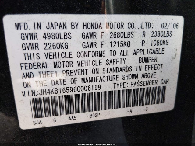 Aukcja sprzedaży 2006 Acura Rl 3.5, vin: JH4KB16596C006199, numer aukcji: 44954301