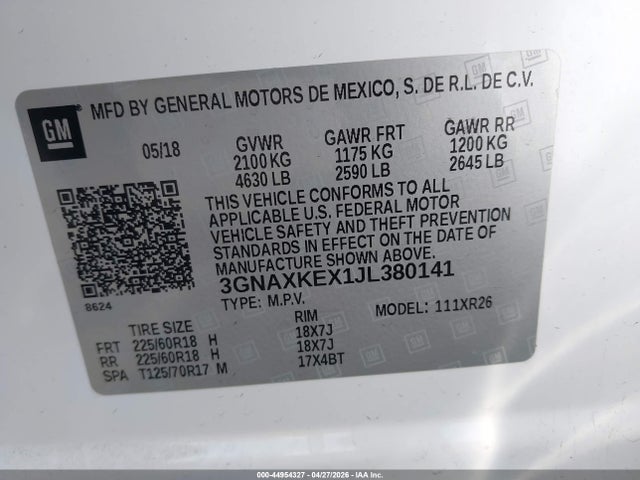 Продаж на аукціоні авто 2018 Chevrolet Equinox Lt, vin: 3GNAXKEX1JL380141, номер лоту: 44954327