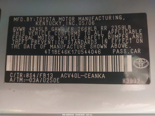 Продаж на аукціоні авто 2007 Toyota Camry Le, vin: 4T1BE46K17U544046, номер лоту: 44954339