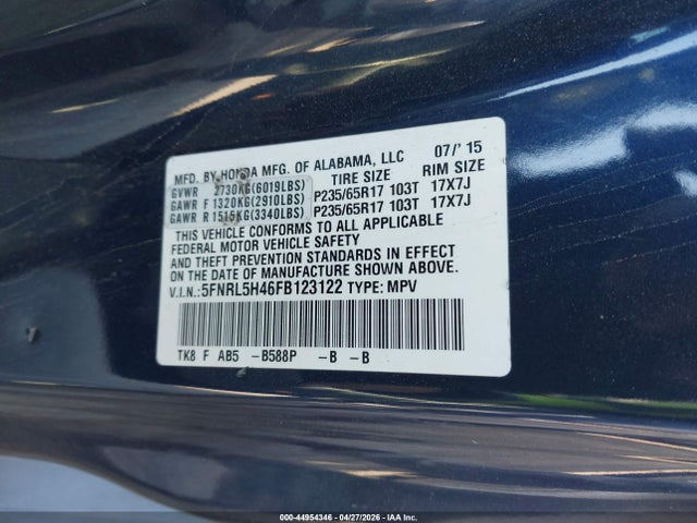 5FNRL5H46FB123122 Honda ODYSSEY EX
