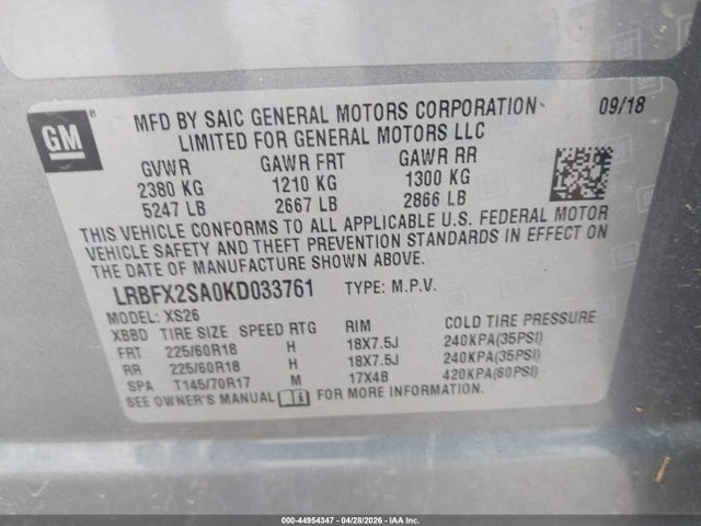 44954347 :رقم المزاد ، LRBFX2SA0KD033761 vin ، 2019 Buick Envision Awd Essence مزاد بيع