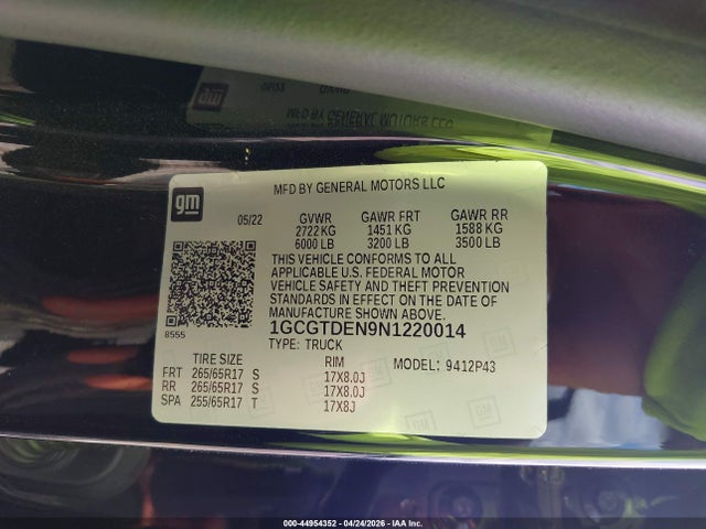 Продаж на аукціоні авто 2022 Chevrolet Colorado 4wd  Short Box Z71, vin: 1GCGTDEN9N1220014, номер лоту: 44954352