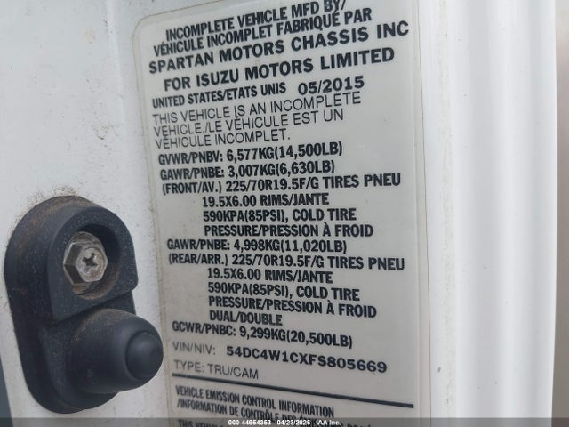 Продажа на аукционе авто 2015 Isuzu Npr Hd Reg, vin: 54DC4W1CXFS805669, номер лота: 44954353