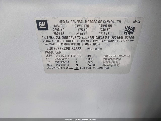 Aukcja sprzedaży 2015 Chevrolet Equinox 1lt, vin: 2GNFLFEKXF6184532, numer aukcji: 44954359