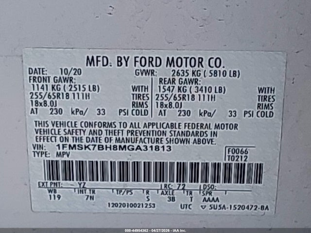 Продаж на аукціоні авто 2021 Ford Explorer, vin: 1FMSK7BH8MGA31813, номер лоту: 44954362