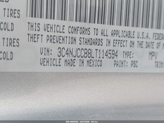 2020 Jeep Compass Limited Fwd მანქანა იყიდება აუქციონზე, vin: 3C4NJCCB8LT114594, აუქციონის ნომერი: 44954365