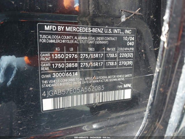44954370 :رقم المزاد ، 4JGAB57E05A562085 vin ، 2005 Mercedes-benz Ml 350 4matic مزاد بيع