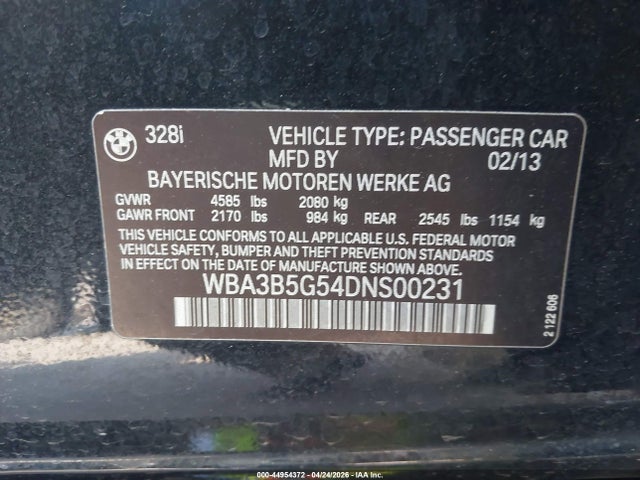 Продаж на аукціоні авто 2013 Bmw 328i Xdrive, vin: WBA3B5G54DNS00231, номер лоту: 44954372