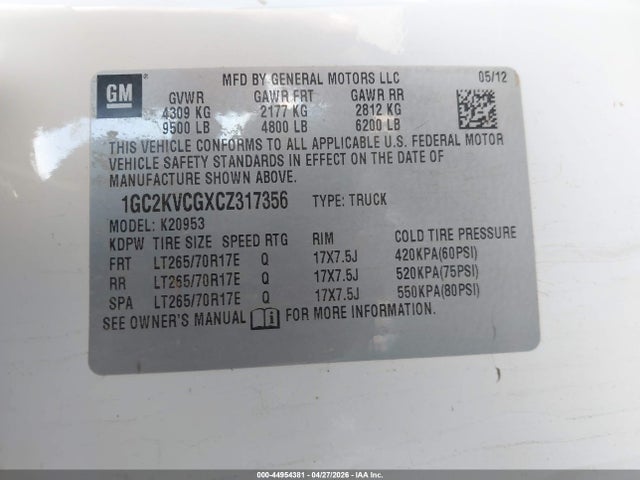 44954381 :رقم المزاد ، 1GC2KVCGXCZ317356 vin ، 2012 Chevrolet Silverado 2500hd Work Truck مزاد بيع