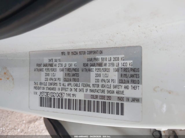 Aukcja sprzedaży 2016 Mazda Cx-9 Signature, vin: JM3TCBEY0G0104357, numer aukcji: 44954402