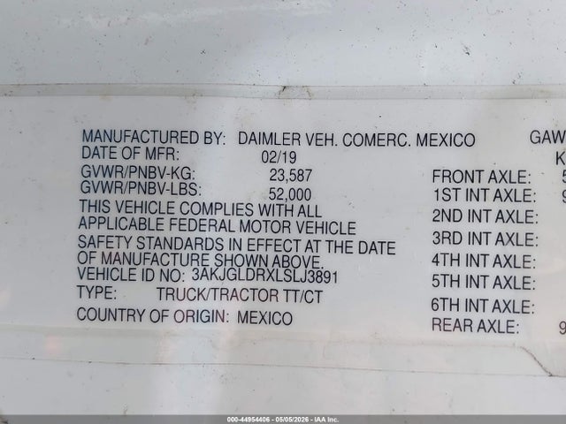 2020 Freightliner Cascadia 125 მანქანა იყიდება აუქციონზე, vin: 3AKJGLDRXLSLJ3891, აუქციონის ნომერი: 44954406