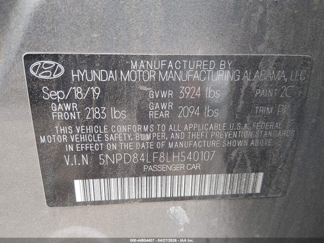2020 Hyundai Elantra Value Edition მანქანა იყიდება აუქციონზე, vin: 5NPD84LF8LH540107, აუქციონის ნომერი: 44954407