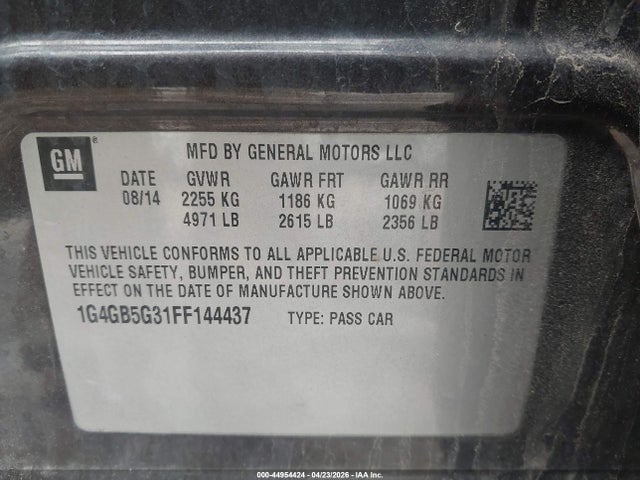 44954424 :رقم المزاد ، 1G4GB5G31FF144437 vin ، 2015 Buick Lacrosse Leather مزاد بيع