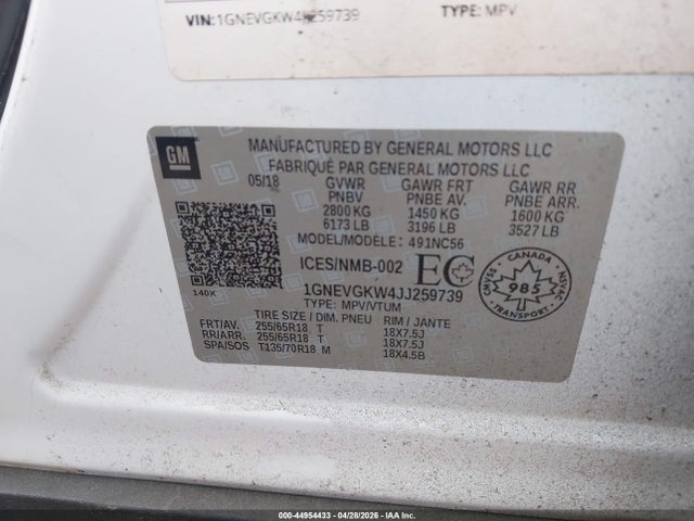 1GNEVGKW4JJ259739 Chevrolet Traverse Lt Cloth