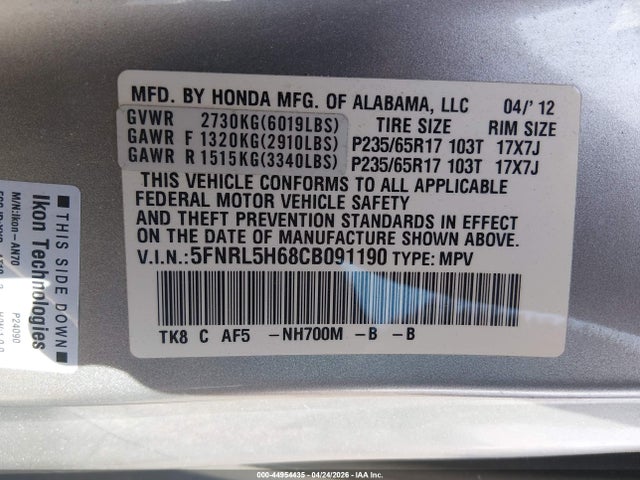 Продажа на аукционе авто 2012 Honda Odyssey Ex-l, vin: 5FNRL5H68CB091190, номер лота: 44954435
