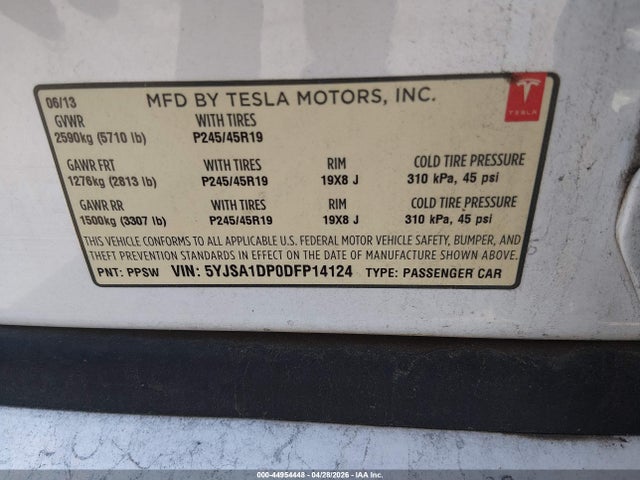 2013 Tesla Model S Performance მანქანა იყიდება აუქციონზე, vin: 5YJSA1DP0DFP14124, აუქციონის ნომერი: 44954448