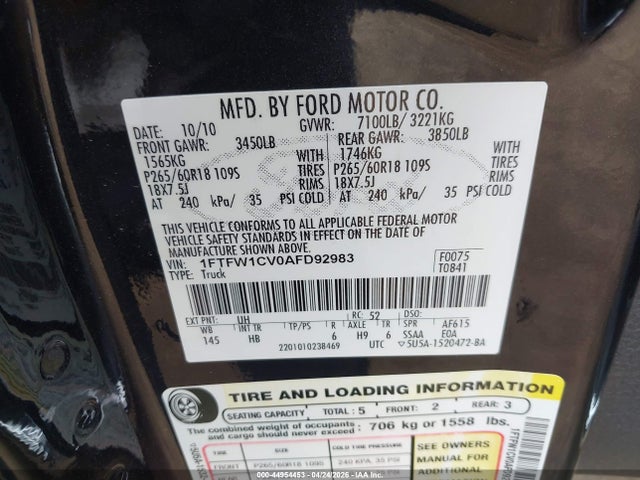 2010 Ford F-150 Fx2 Sport/harley-davidson/king Ranch/lariat/platinum/xl/xlt მანქანა იყიდება აუქციონზე, vin: 1FTFW1CV0AFD92983, აუქციონის ნომერი: 44954453