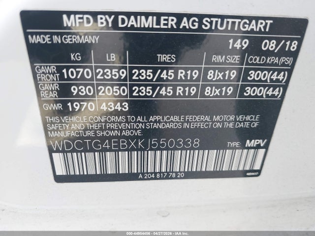 WDCTG4EBXKJ550338 Mercedes-Benz GLA 250