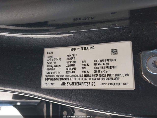 Aukcja sprzedaży 2024 Tesla Model 3 Long Range Dual Motor All-wheel Drive, vin: 5YJ3E1EB4RF767170, numer aukcji: 44954463