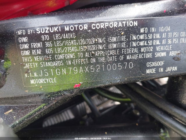 Aukcja sprzedaży 2005 Suzuki Gsx600 F, vin: JS1GN79AX52100570, numer aukcji: 44954471