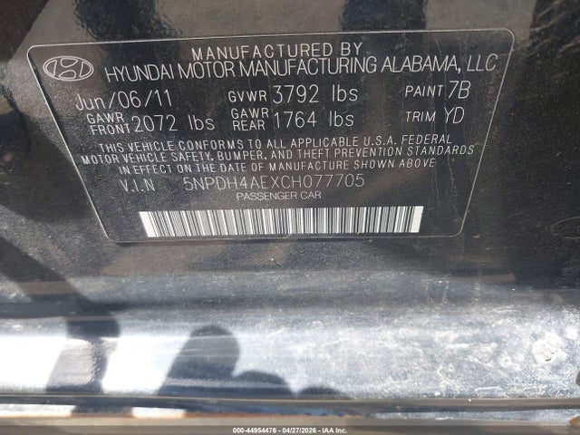 44954476 :رقم المزاد ، 5NPDH4AEXCH077705 vin ، 2012 Hyundai Elantra Gls مزاد بيع