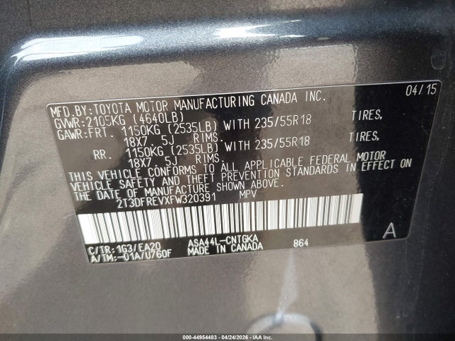 2015 Toyota Rav4 Limited მანქანა იყიდება აუქციონზე, vin: 2T3DFREVXFW320391, აუქციონის ნომერი: 44954483