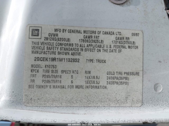 Aukcja sprzedaży 1998 Chevrolet K1500 Fleetside, vin: 2GCEK19R1W1132852, numer aukcji: 44954503