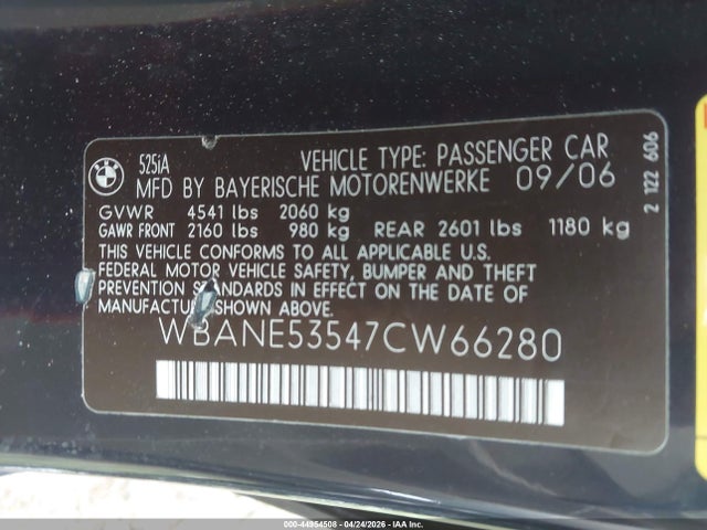 Aukcja sprzedaży 2007 Bmw 525i, vin: WBANE53547CW66280, numer aukcji: 44954508