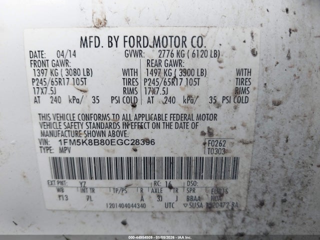 44954509 :رقم المزاد ، 1FM5K8B80EGC28396 vin ، 2014 Ford Explorer مزاد بيع