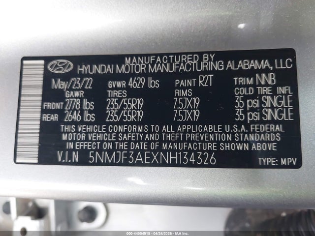 5NMJF3AEXNH134326 Hyundai TUCSON SEL