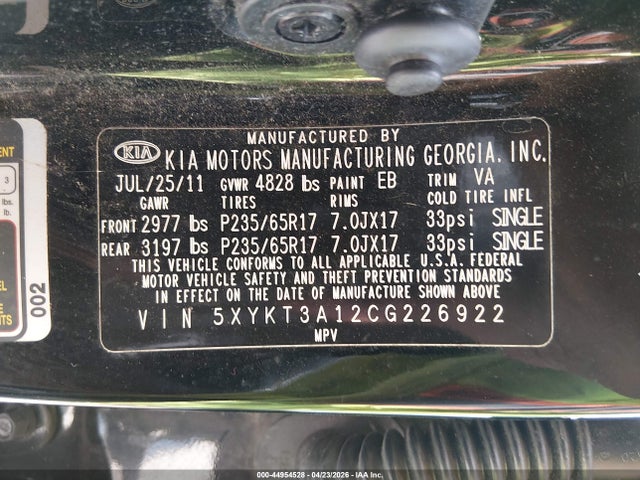 44954528 :رقم المزاد ، 5XYKT3A12CG226922 vin ، 2012 Kia Sorento Lx مزاد بيع