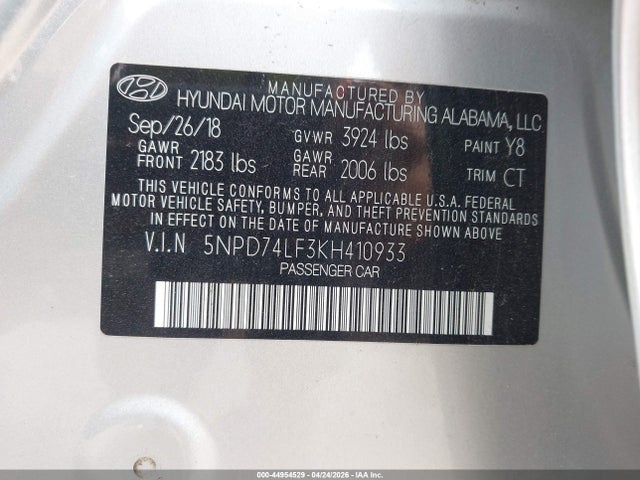 Продаж на аукціоні авто 2019 Hyundai Elantra Se, vin: 5NPD74LF3KH410933, номер лоту: 44954529