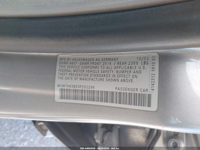 Продаж на аукціоні авто 2003 Volkswagen Passat Glx, vin: WVWTH63B93P252296, номер лоту: 44954549
