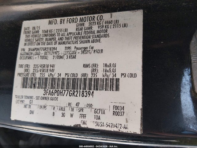 2016 Ford Fusion Se მანქანა იყიდება აუქციონზე, vin: 3FA6P0H77GR218394, აუქციონის ნომერი: 44954552