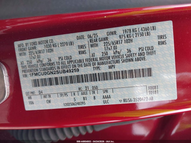 Aukcja sprzedaży 2025 Ford Escape Active, vin: 1FMCU0GN2SUB49259, numer aukcji: 44954553