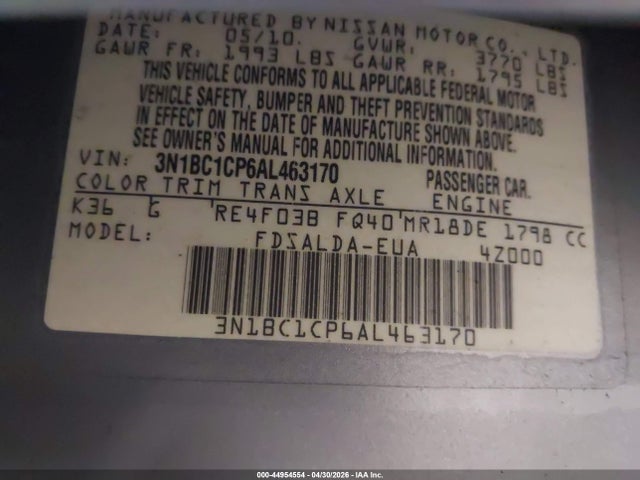 Aukcja sprzedaży 2010 Nissan Versa 1.8s, vin: 3N1BC1CP6AL463170, numer aukcji: 44954554