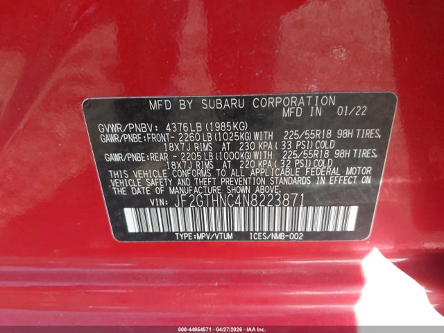 Aukcja sprzedaży 2022 Subaru Crosstrek Limited, vin: JF2GTHNC4N8223871, numer aukcji: 44954571