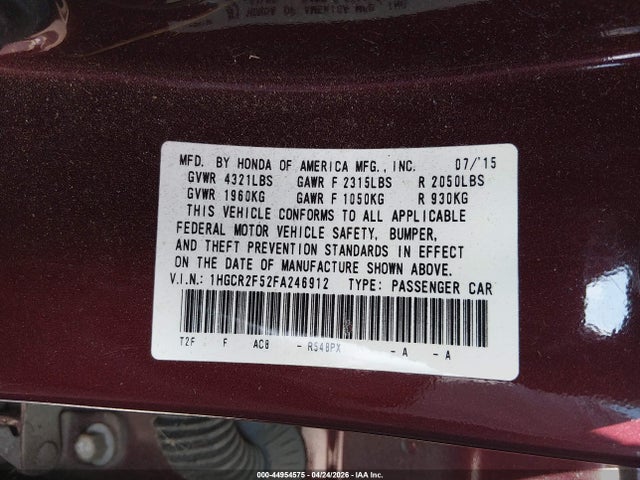 44954575 :رقم المزاد ، 1HGCR2F52FA246912 vin ، 2015 Honda Accord Sport مزاد بيع