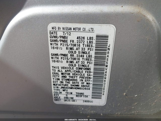 Aukcja sprzedaży 2013 Nissan Rogue S, vin: JN8AS5MV4DW602604, numer aukcji: 44954578