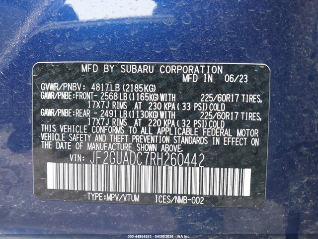 2024 Subaru Crosstrek Premium მანქანა იყიდება აუქციონზე, vin: JF2GUADC7RH260442, აუქციონის ნომერი: 44954583