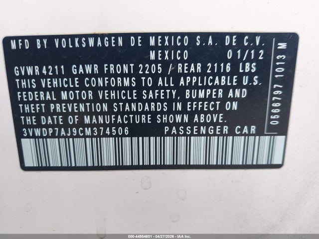 Aukcja sprzedaży 2012 Volkswagen Jetta 2.5l Se, vin: 3VWDP7AJ9CM374506, numer aukcji: 44954601