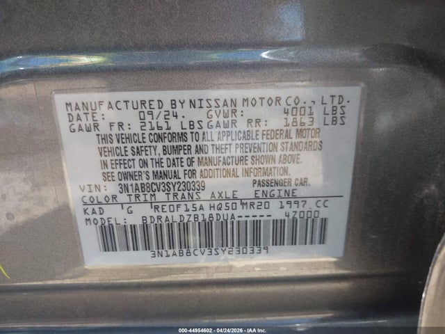 3N1AB8CV3SY230339 Nissan SENTRA SV