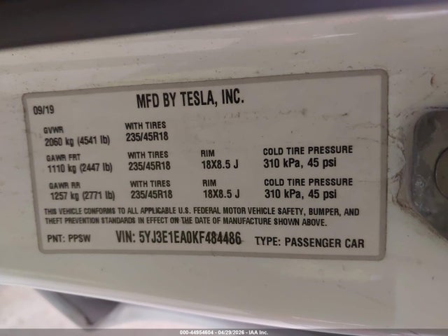 Продажа на аукционе авто 2019 Tesla Model 3 Long Range/mid Range/standard Range/standard Range Plus, vin: 5YJ3E1EA0KF484486, номер лота: 44954604